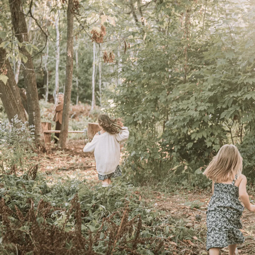 Des enfants marchent vers la forêt